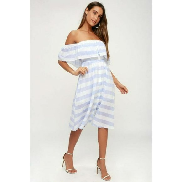 Lulus Dresses & Skirts - NEW Lulus Blue White Stripe Transatlantic Voyage Off the Shoulder Dress